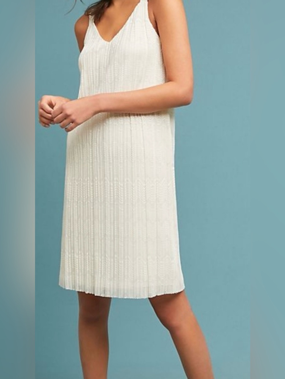 Anthropologie Meadow Rue Prespa Ivory Micro Pleated Shift Dress Est. Medium